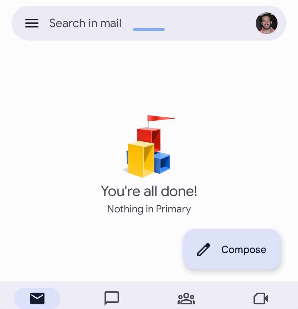 Screenshot of an empty Gmail inbox using the Inbox Zero method, displaying the message 'You're all done! Nothing in Primary'