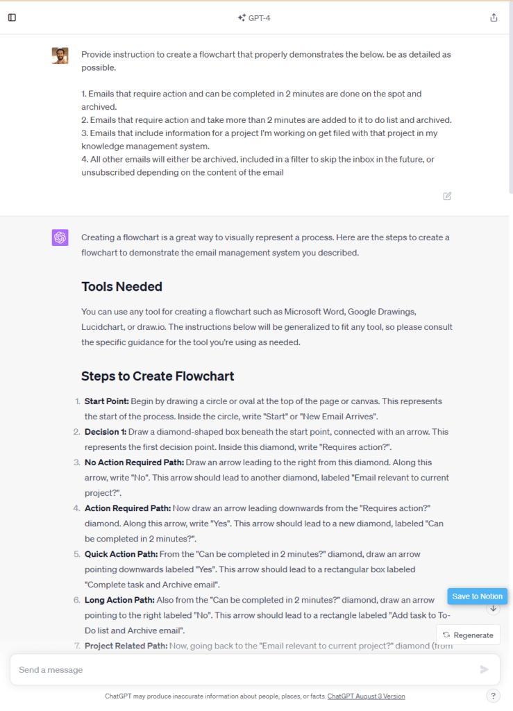 Screenshot of Bryan's interaction with ChatGPT for flowchart direction