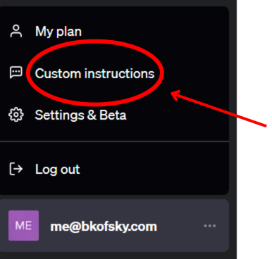 Custom Instructions' highlighted in a dropdown menu with an email address visible at the bottom.